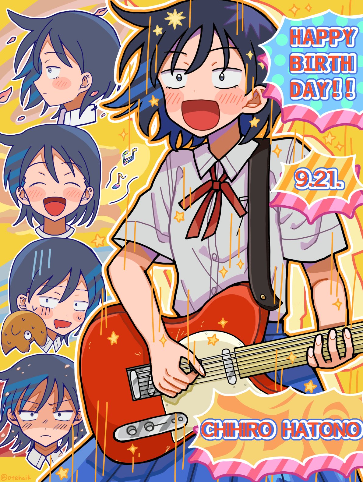 1girl, :d, animal_on_shoulder, beamed_sixteenth_notes, blue_skirt, blush, breast_pocket, character_name