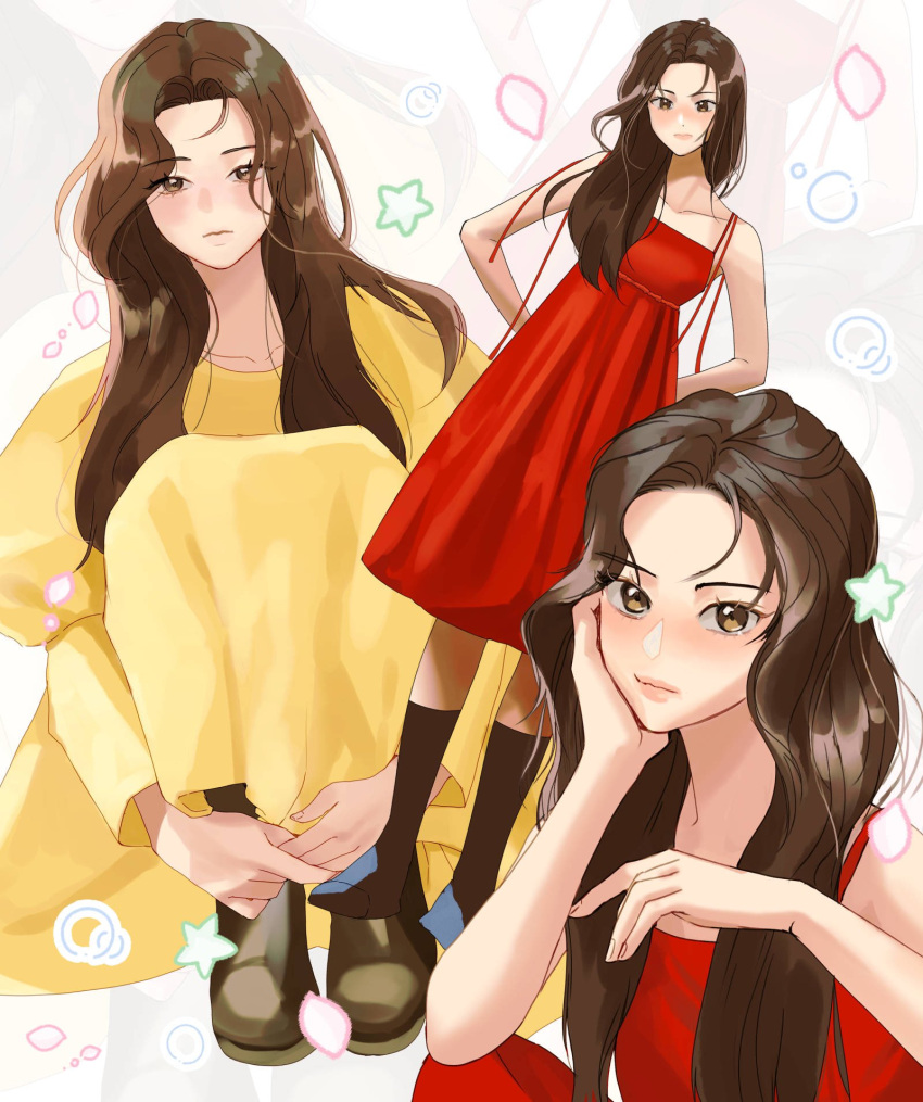 1girl, blush, brown_eyes, brown_hair, cheek_rest, closed_mouth, commentary_request, dress