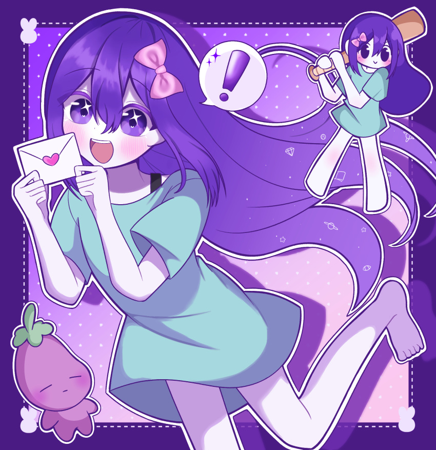 !, 1girl, :>, amatomato_0141, aubrey_(headspace)_(omori), aubrey_(omori), barefoot, baseball_bat