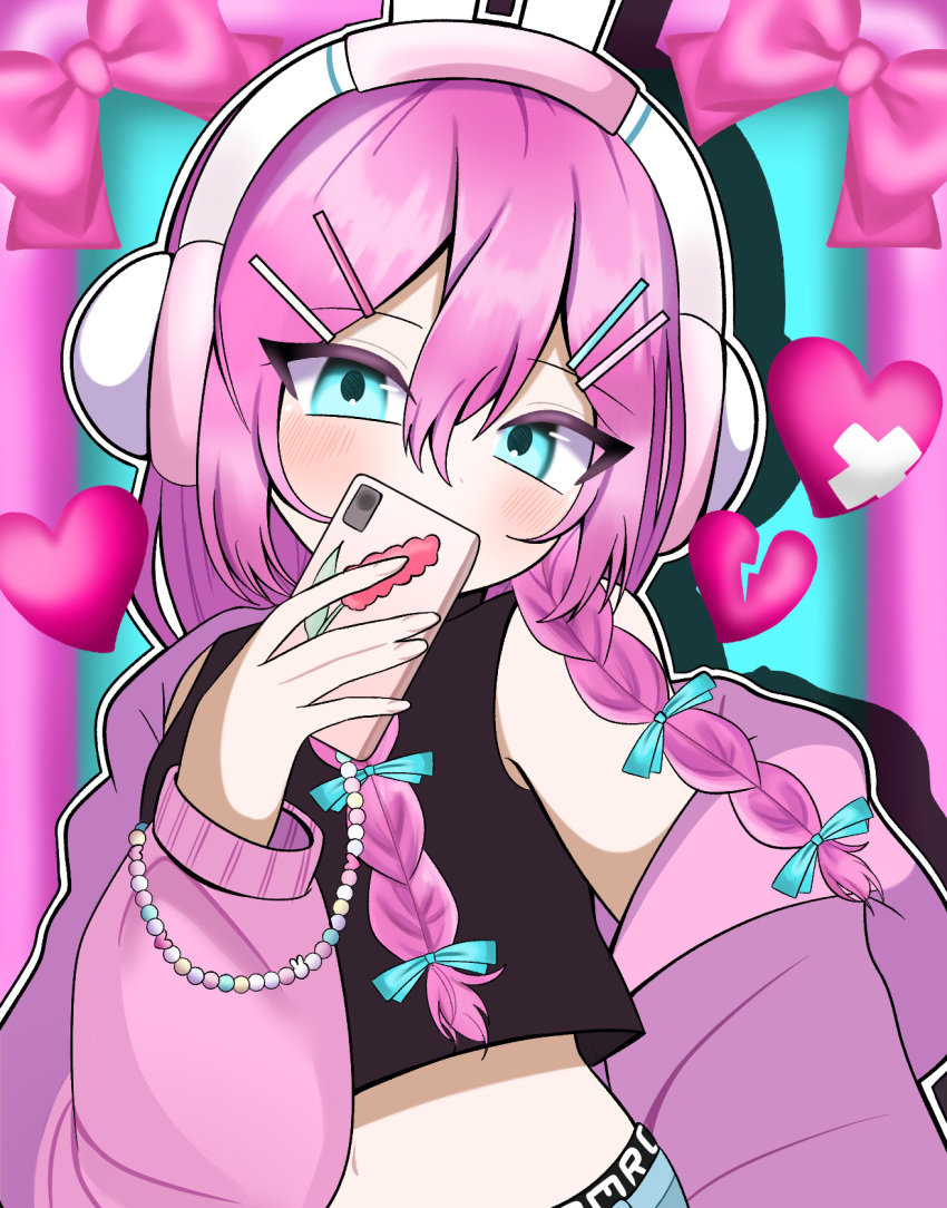 1girl, amatomato_0141, animal_ear_headphones, animal_ears, aubrey_(birthday)_(omori), aubrey_(faraway)_(omori), aubrey_(omori), blue_bow