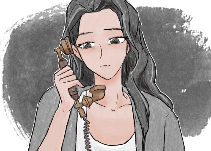 1girl, black_eyes, black_hair, celine_(kpop_demon_hunters), closed_mouth, commentary_request, holding, holding_phone