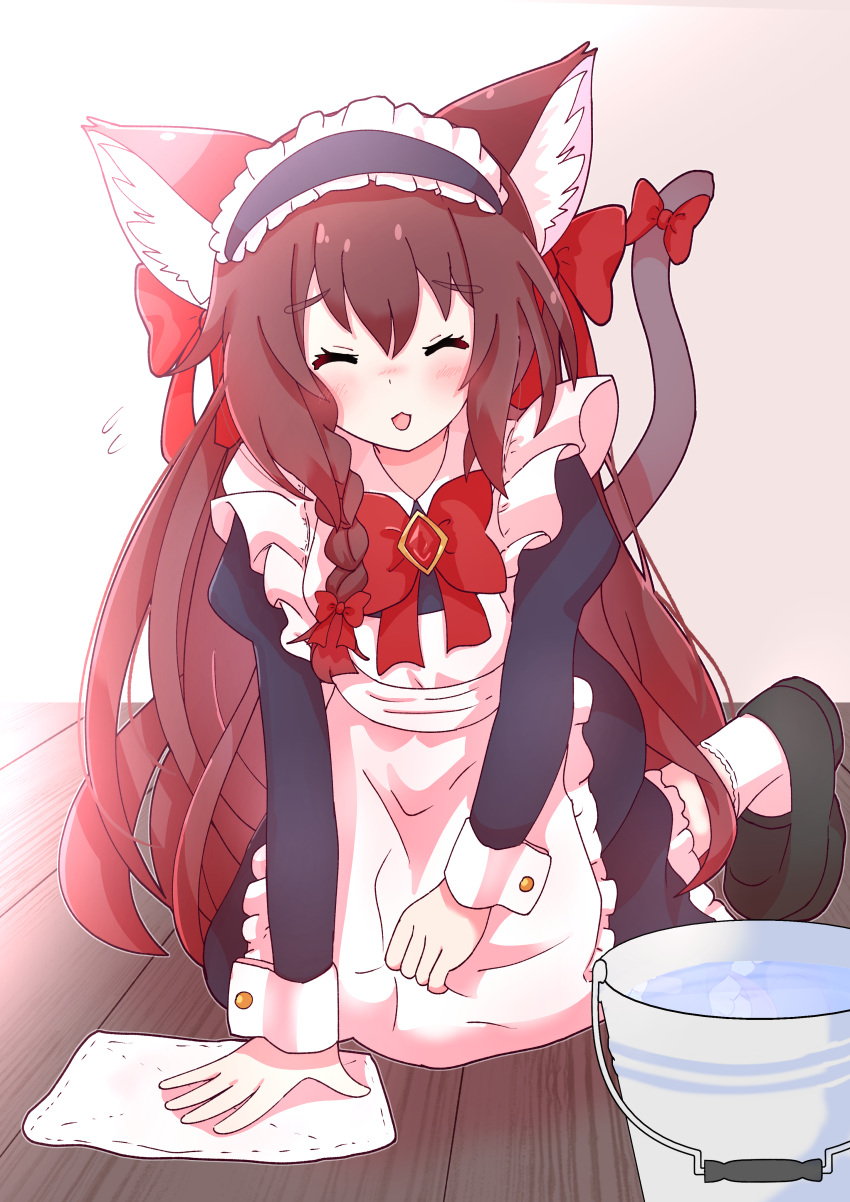 1girl, ^_^, absurdres, animal_ear_fluff, animal_ears, aota_hachi, apron, black_shoes