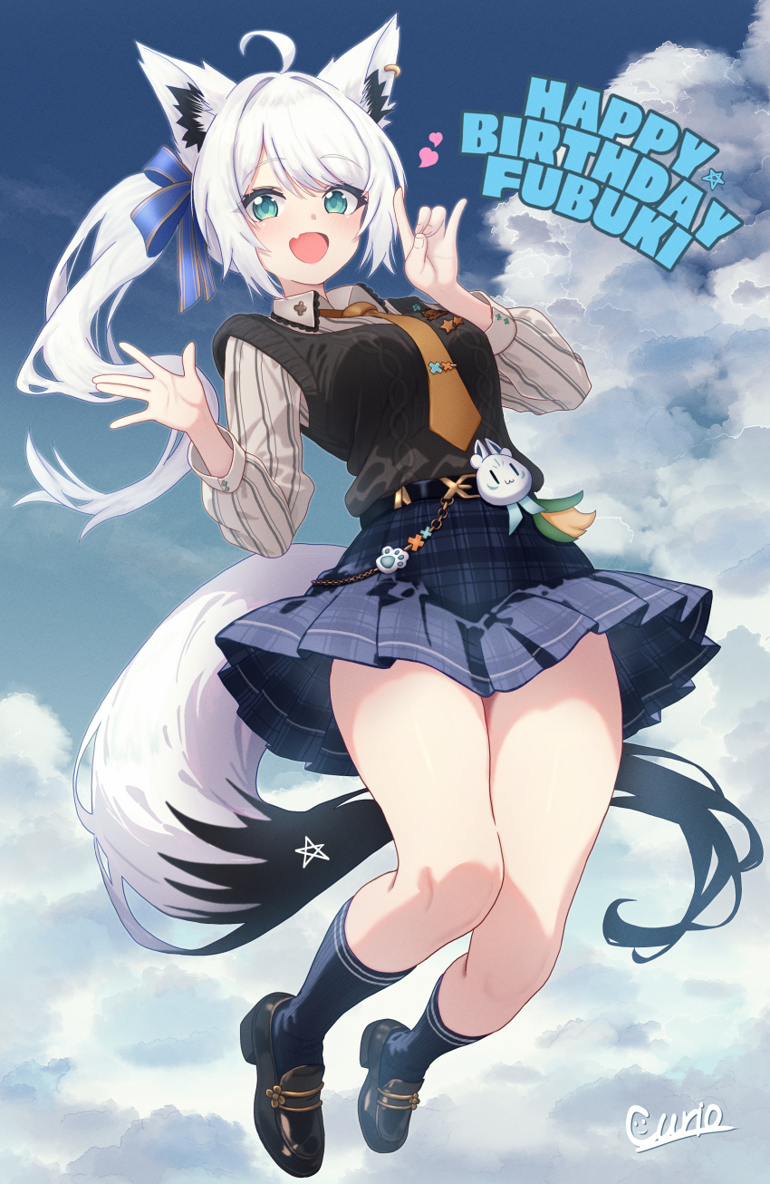 1girl, :d, absurdres, ahoge, animal_ear_piercing, animal_ears, aqua_eyes, black_shoes