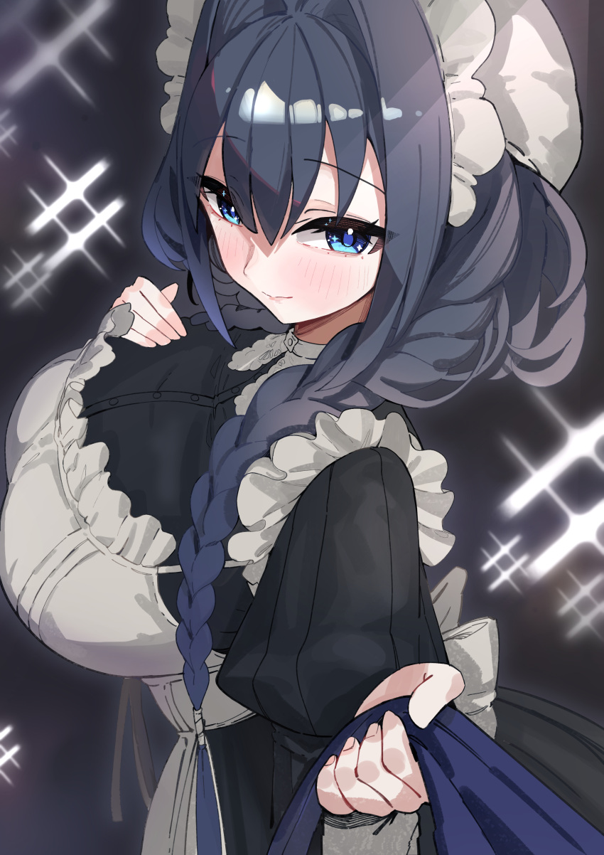 1girl, absurdres, apron, beret, blue_eyes, blush, braid, closed_mouth