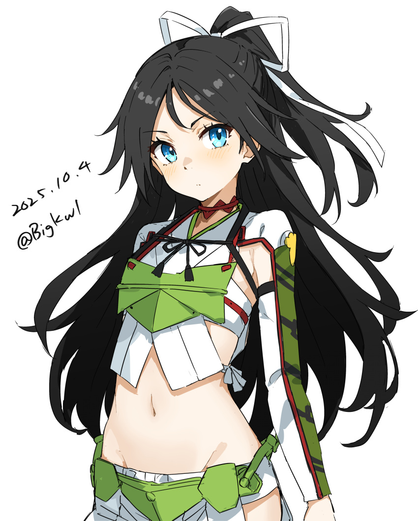 1girl, absurdres, bigkwl, black_hair, blue_eyes, blush, crop_top, dated