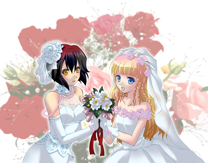 bare_shoulders, black_hair, blonde_hair, blue_eyes, bouquet, braid, chloe_valens, dress, flower, gloves, hair_flower, hair_ornament, jewelry, lipstick, long_hair, makeup, multiple_girls, mytholo, pink_rose, rose, shirley_fennes, short_hair, tales_of_(series), tales_of_legendia, wedding, wedding_dress, white_gloves, white_rose, yellow_eyes