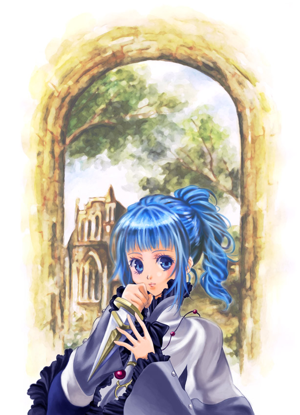 blue_eyes, blue_hair, bow, curly_hair, dagger, jewelry, mytholo, necklace