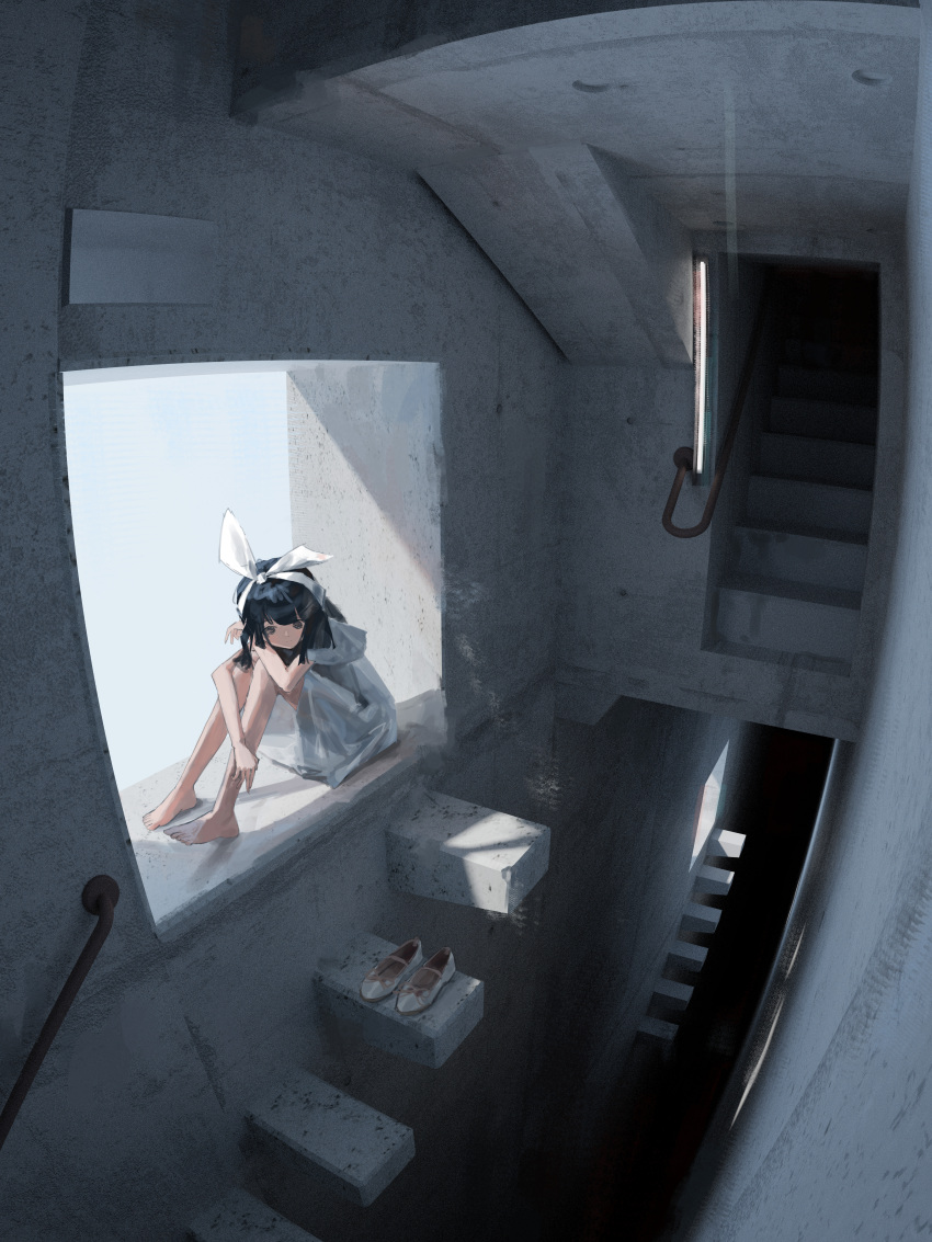 1girl, absurdres, airfish_(lefko_d), barefoot, black_hair, bow, concrete, dress