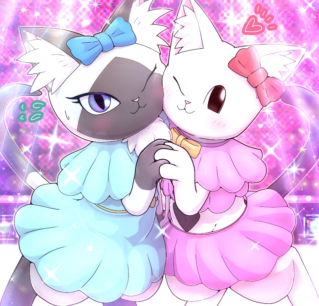 2girls, 610493, blue_eyes, blue_skirt, cat, furry, furry_female, hana-chan_(red_cat_ramen), holding_hands, idol_clothes, looking_at_viewer, multiple_girls, one_eye_closed, pink_background, pink_skirt, red_cat_ramen, skirt, smile, sweatdrop, yuzu_(red_cat_ramen)
