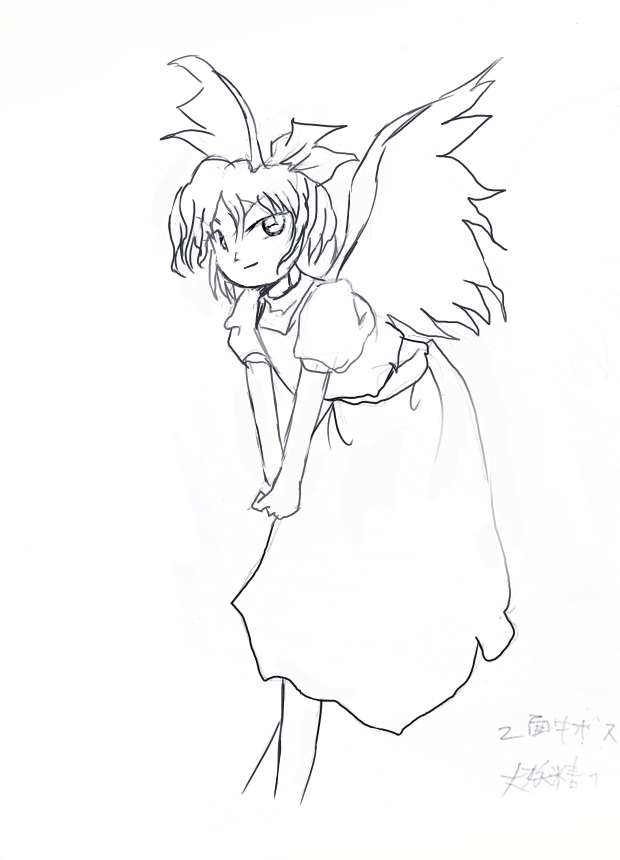 concept_art, daiyousei, dress, embodiment_of_scarlet_devil, fairy, fairy_wings, feet_out_of_frame, greyscale