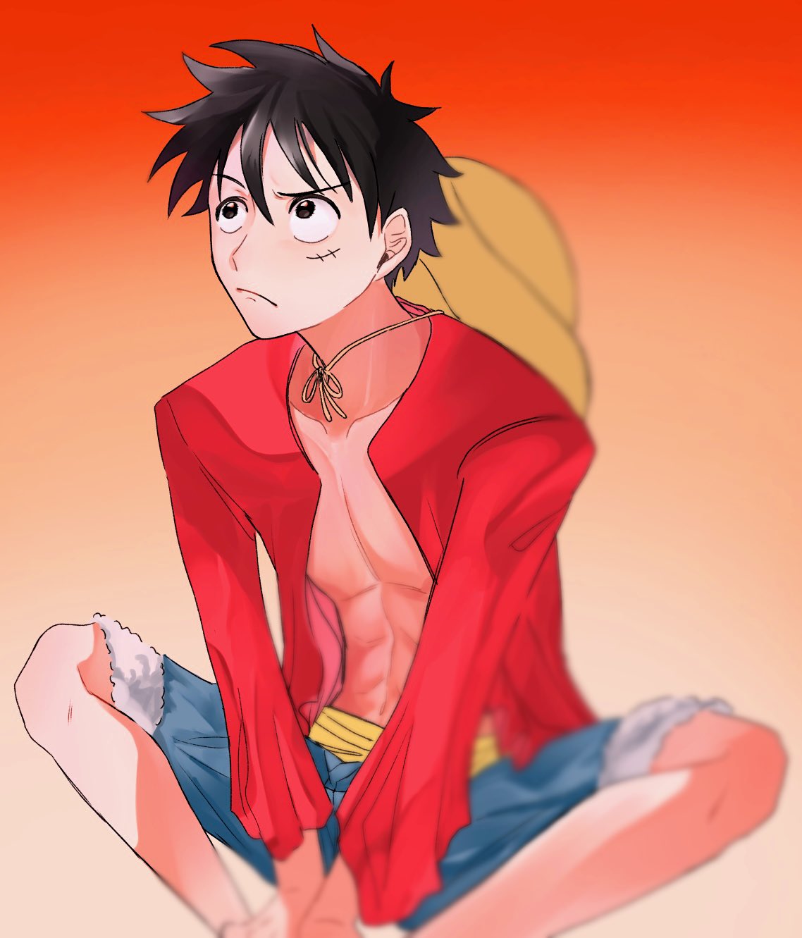 1boy, a_maru_8911, abs, black_hair, blue_shorts, commentary_request, gradient_background, hat