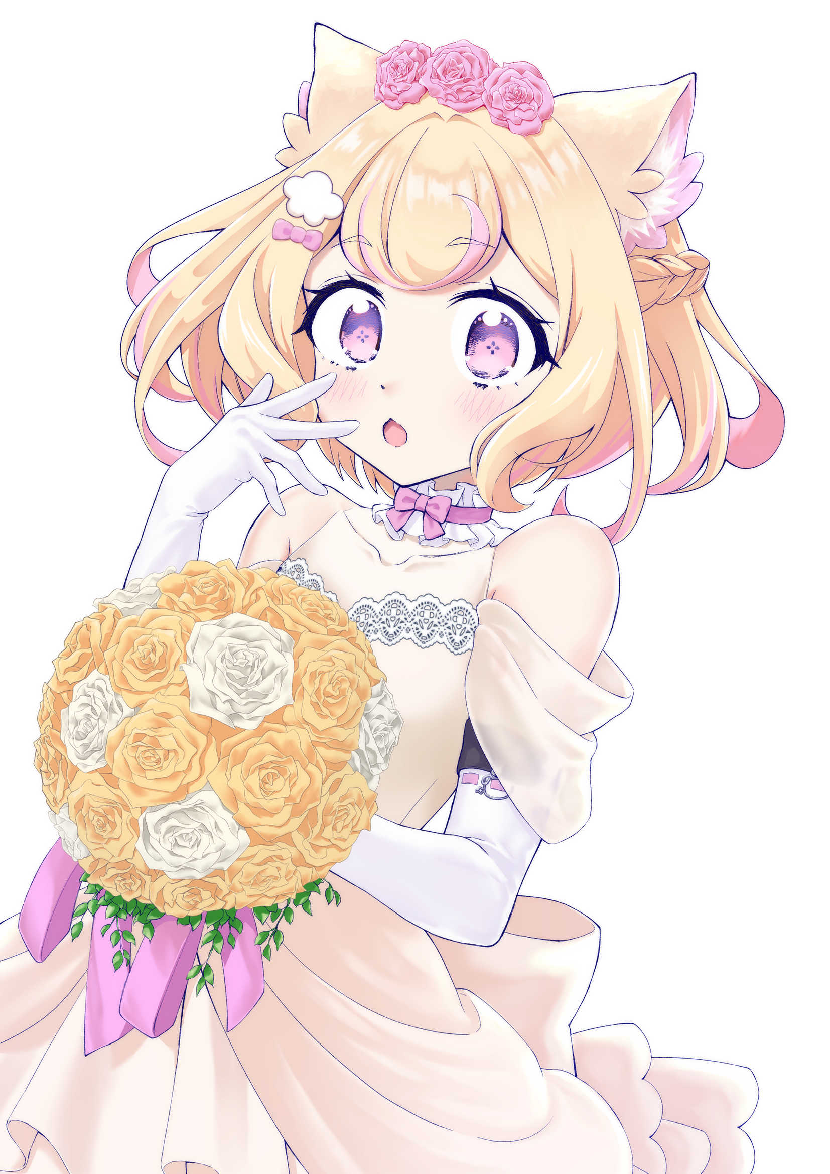 1girl, animal_ears, blonde_hair, blush, bouquet, braid, cat_ears, cat_girl