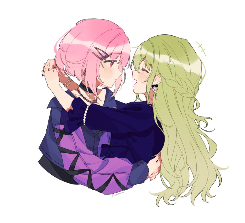 2girls, arms_around_neck, black_nails, braid, commentary, dress, earrings, green_hair