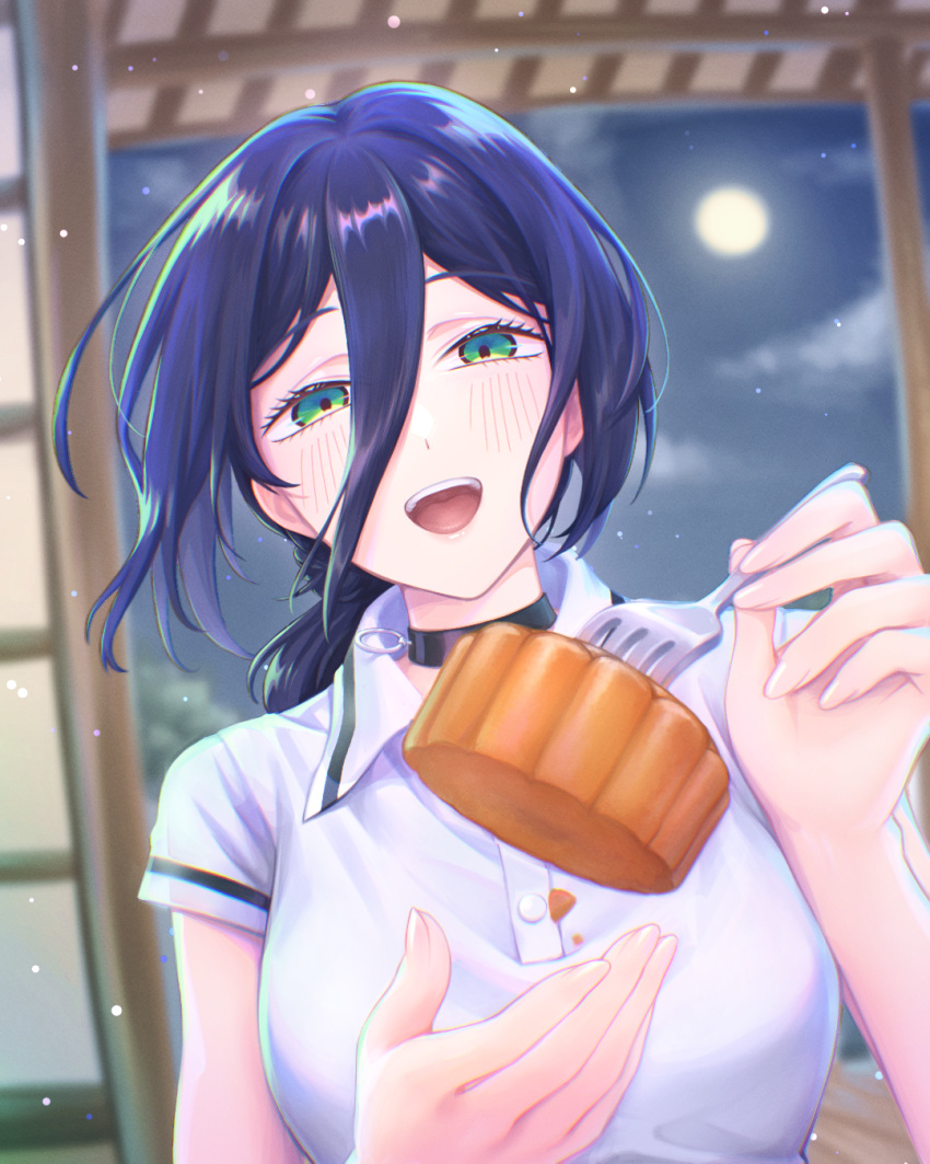 1girl, black_choker, blue_hair, chainsaw_man, choker, commentary_request, food, fork
