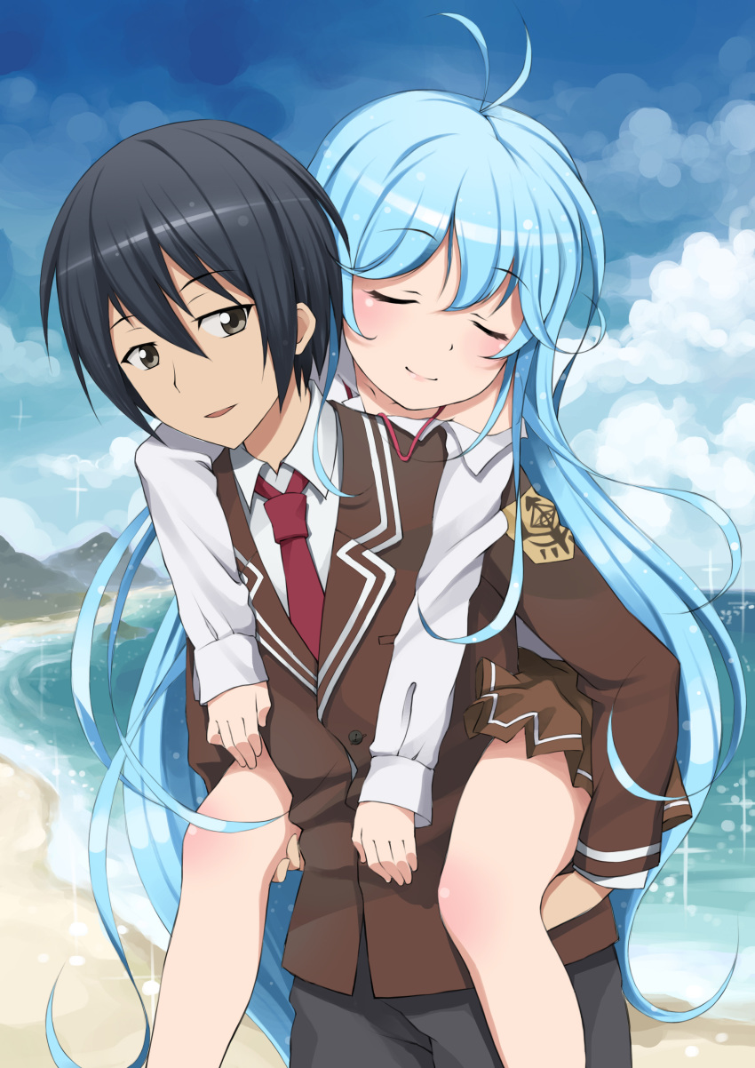 1girl, absurdres, ahoge, antenna_hair, bare_legs, black_hair, blue_eyes, blue_hair