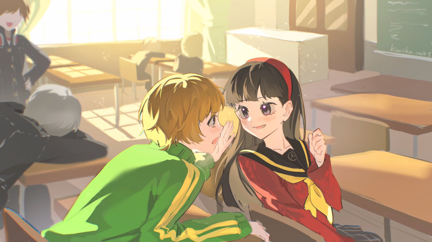 2boys, 2girls, amagi_yukiko, artist_name, black_eyes, black_hair, black_jacket, black_sailor_collar