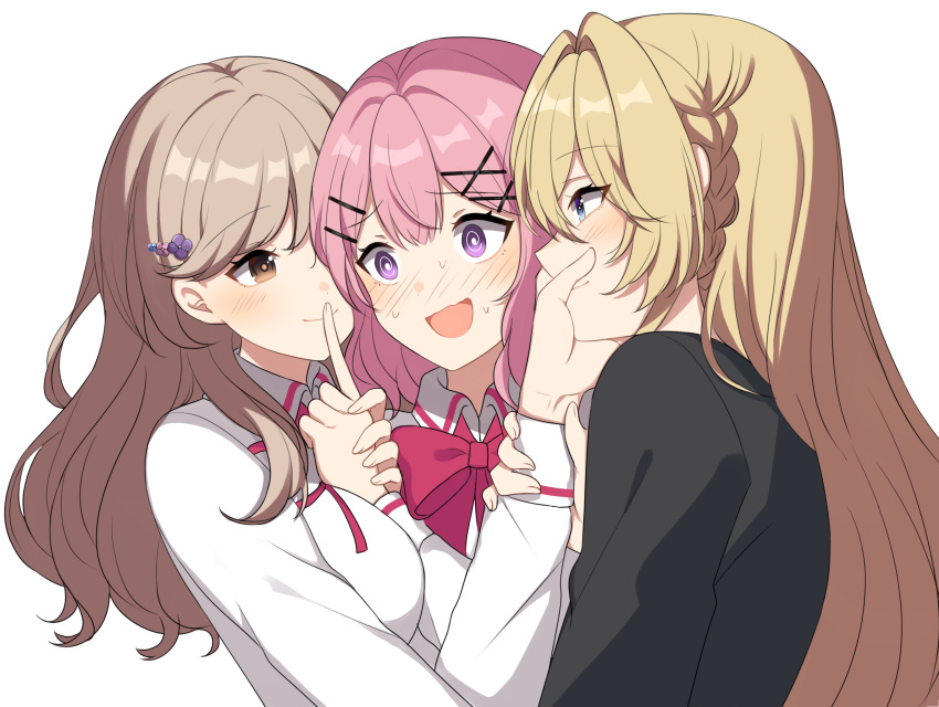 3girls, @_@, amaori_renako, arm_between_breasts, ashigaya_high_school_uniform, between_breasts, black_jacket, blazer