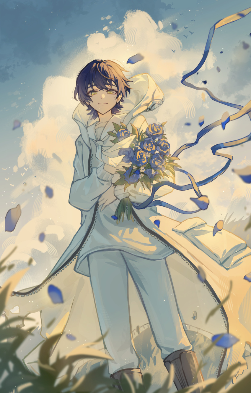 1girl, biohazard_symbol, black_boots, black_hair, blue_ribbon, boots, bouquet, clouds