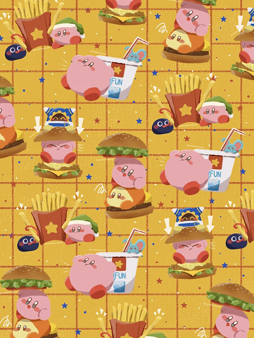 arrow_(symbol), blue_skin, blush_stickers, burger, colored_skin, cup, disposable_cup, drinking_straw, elfilin, food, french_fries, gooey_(kirby), hato_ya_dee, highres, kirby, kirby's_dream_buffet, kirby_(series), long_tongue, magolor, orange_skin, pink_skin, squiggle, star_(symbol), sword_kirby, tongue, waddle_dee, yellow_background