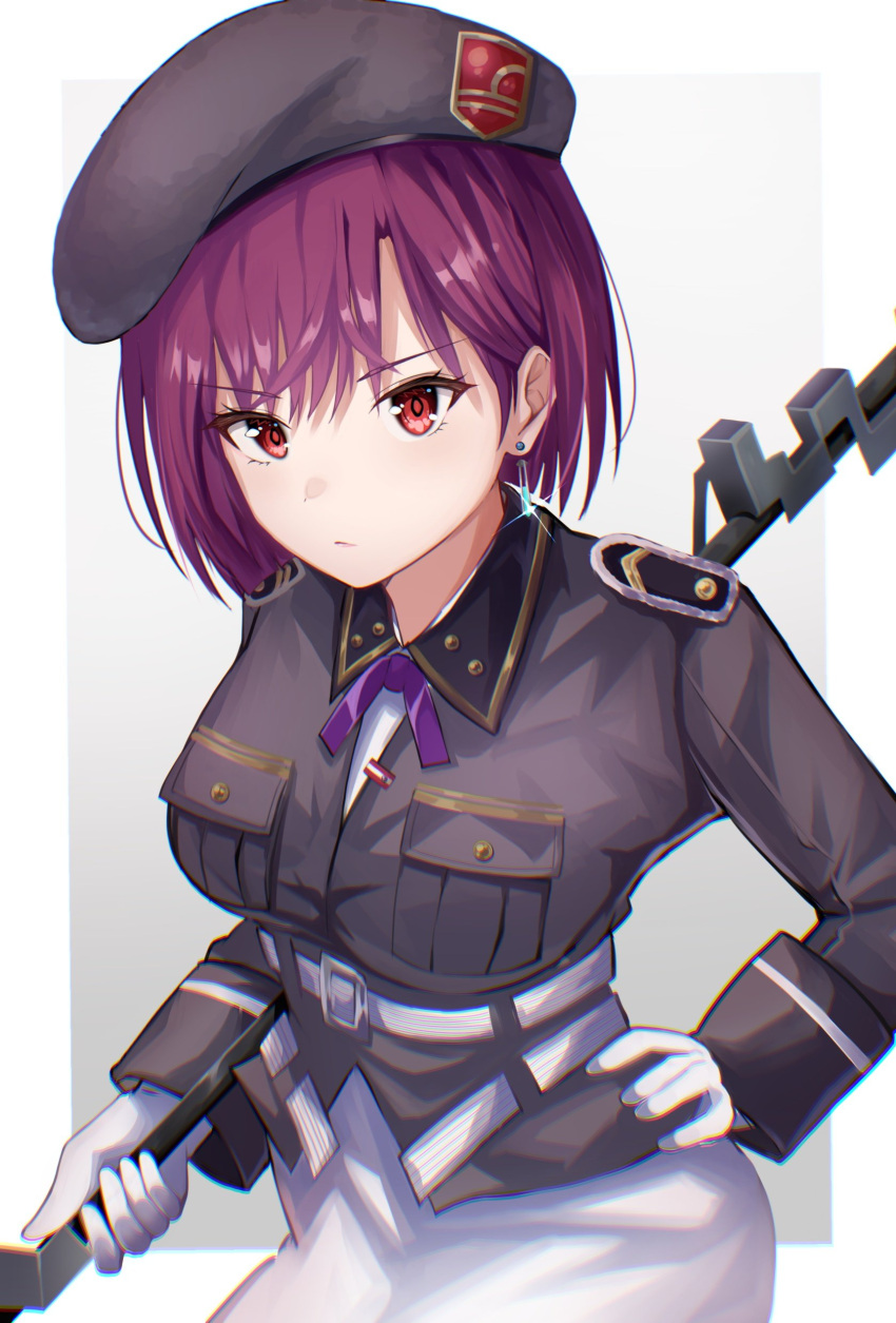 1girl, absurdres, beret, black_jacket, breast_pocket, breasts, closed_mouth, earrings, gloves, hand_on_own_hip, hat, heaven_burns_red, highres, holding, holding_weapon, jacket, jewelry, long_sleeves, looking_at_viewer, medium_breasts, military, military_uniform, neck_ribbon, pocket, polearm, purple_hair, red_eyes, ribbon, rrtp, short_hair, skirt, solo, tezuka_saki, weapon, white_gloves, white_skirt