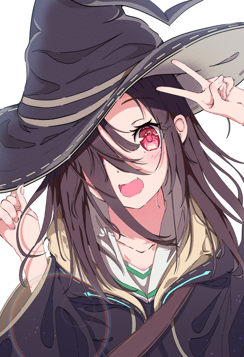 1girl, :d, absurdres, adjusting_clothes, adjusting_headwear, black_hair, black_robe, blush, fangs, hair_over_one_eye, hand_on_headwear, hat, heaven_burns_red, highres, long_hair, looking_at_viewer, open_mouth, red_eyes, robe, sailor_collar, school_uniform, smile, solo, takato_(takato_kwhra), tenne_miko, upper_body, v, witch, witch_hat