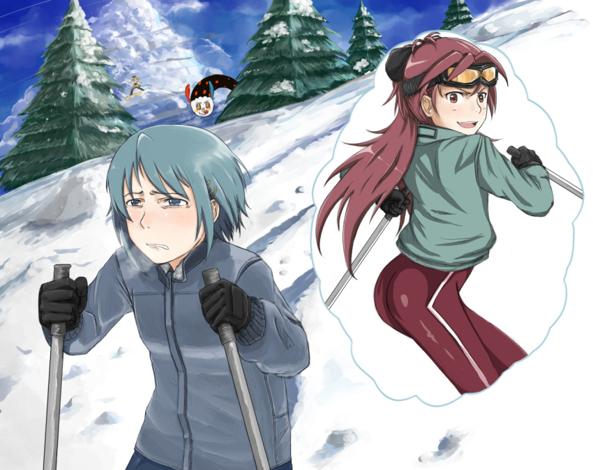 ass, blonde_hair, blue_eyes, blue_hair, breath, charlotte_(madoka_magica), drawfag, gloves