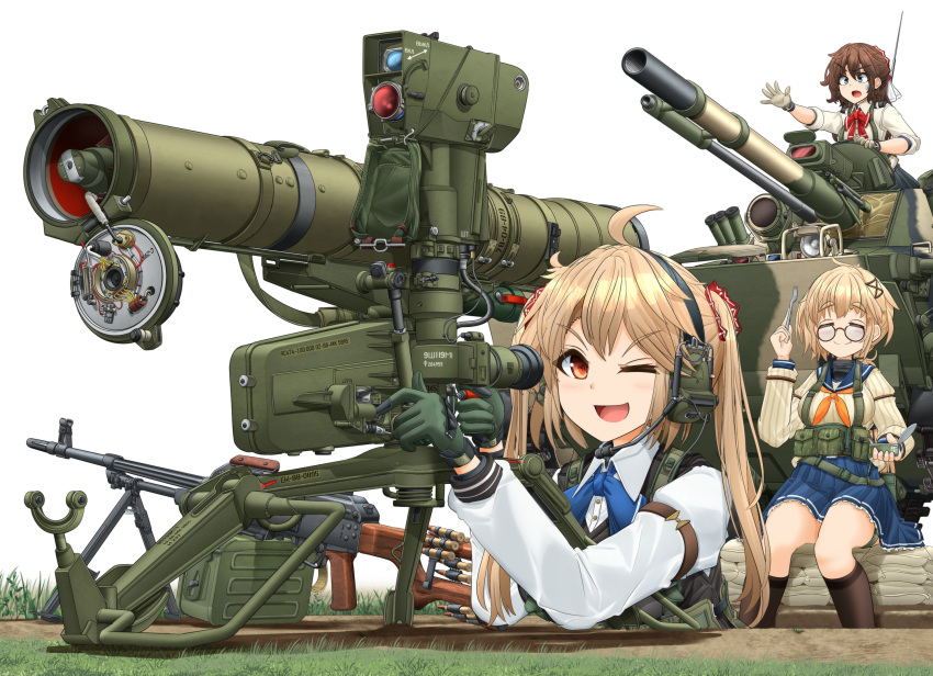 3girls, ;d, ahoge, anti-tank_missile, black_thighhighs, blonde_hair, blue_bow, blue_bowtie
