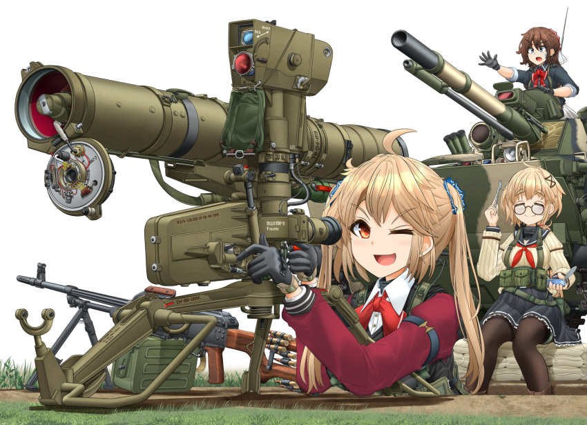 3girls, ;d, ahoge, anti-tank_missile, arm_strap, black_gloves, black_jacket, black_pantyhose