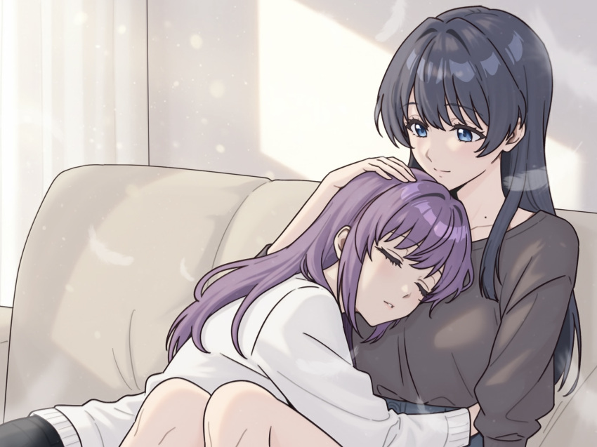 2girls, black_shirt, blue_eyes, blue_hair, closed_eyes, closed_mouth, commentary_request, couch