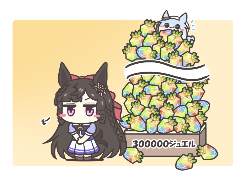 2girls, animal_ears, assist_(2828), blush_stickers, bow, braid, brown_hair, carat_(umamusume)