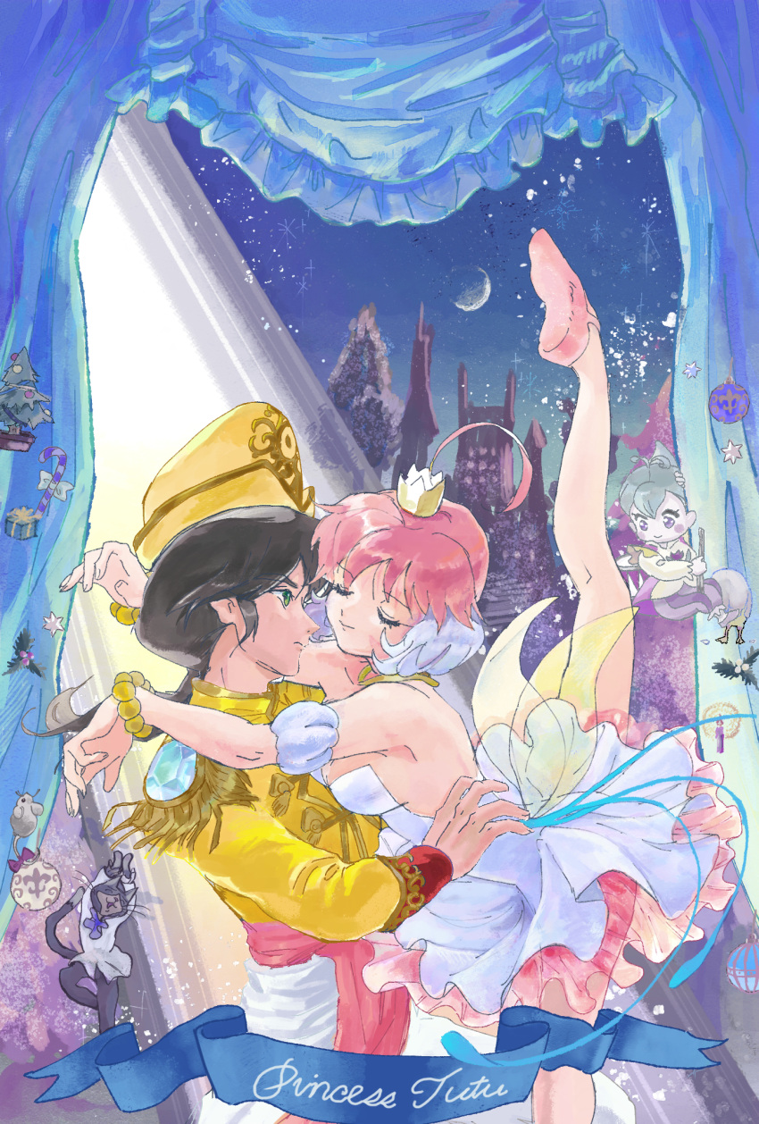 1boy, 2girls, ahiru_(princess_tutu), ahoge, alternate_costume, animal, ballerina, ballet_slippers