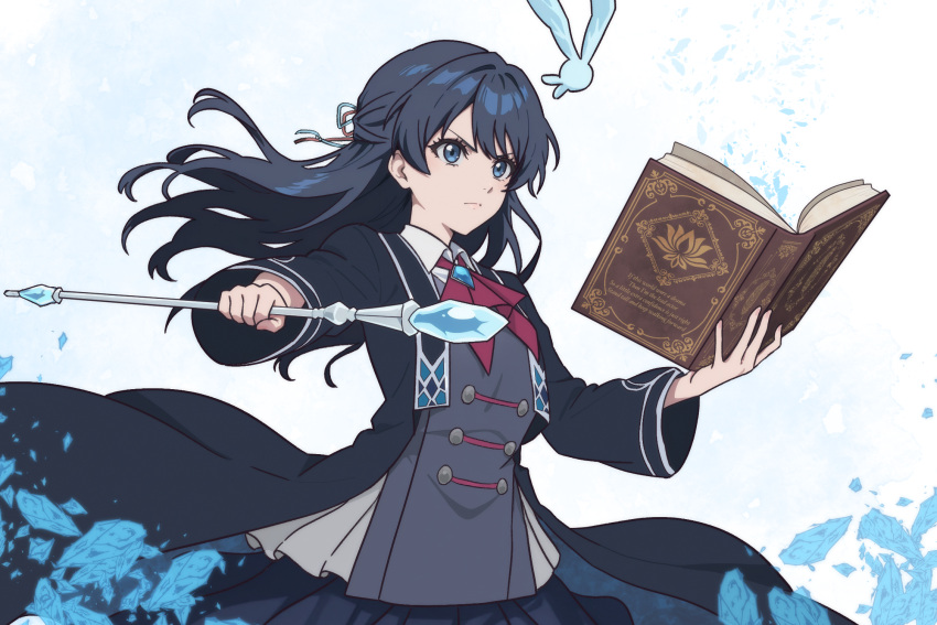 >:(, 1girl, black_coat, blue_eyes, blue_hair, blue_ribbon, book, buttons