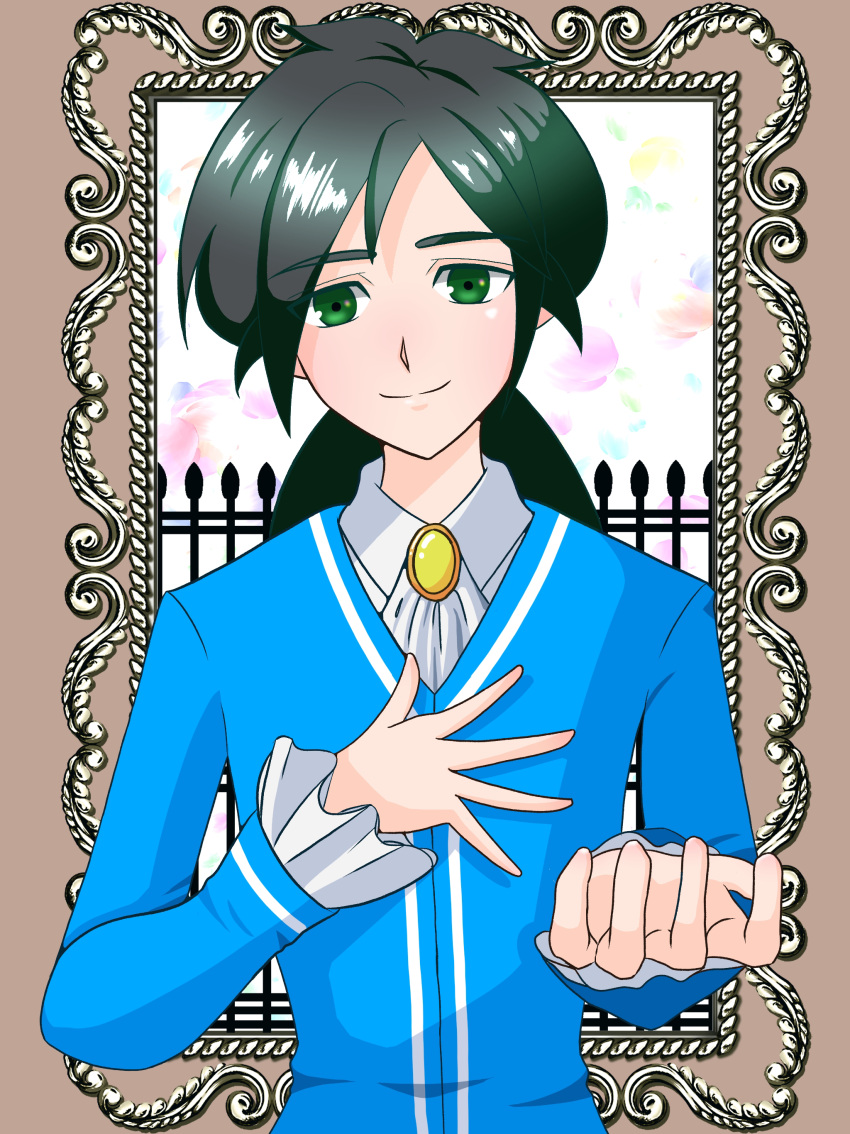 1boy, absurdres, black_hair, brown_background, facing_viewer, fakir_(princess_tutu), gold_crown_academy_school_uniform, green_eyes