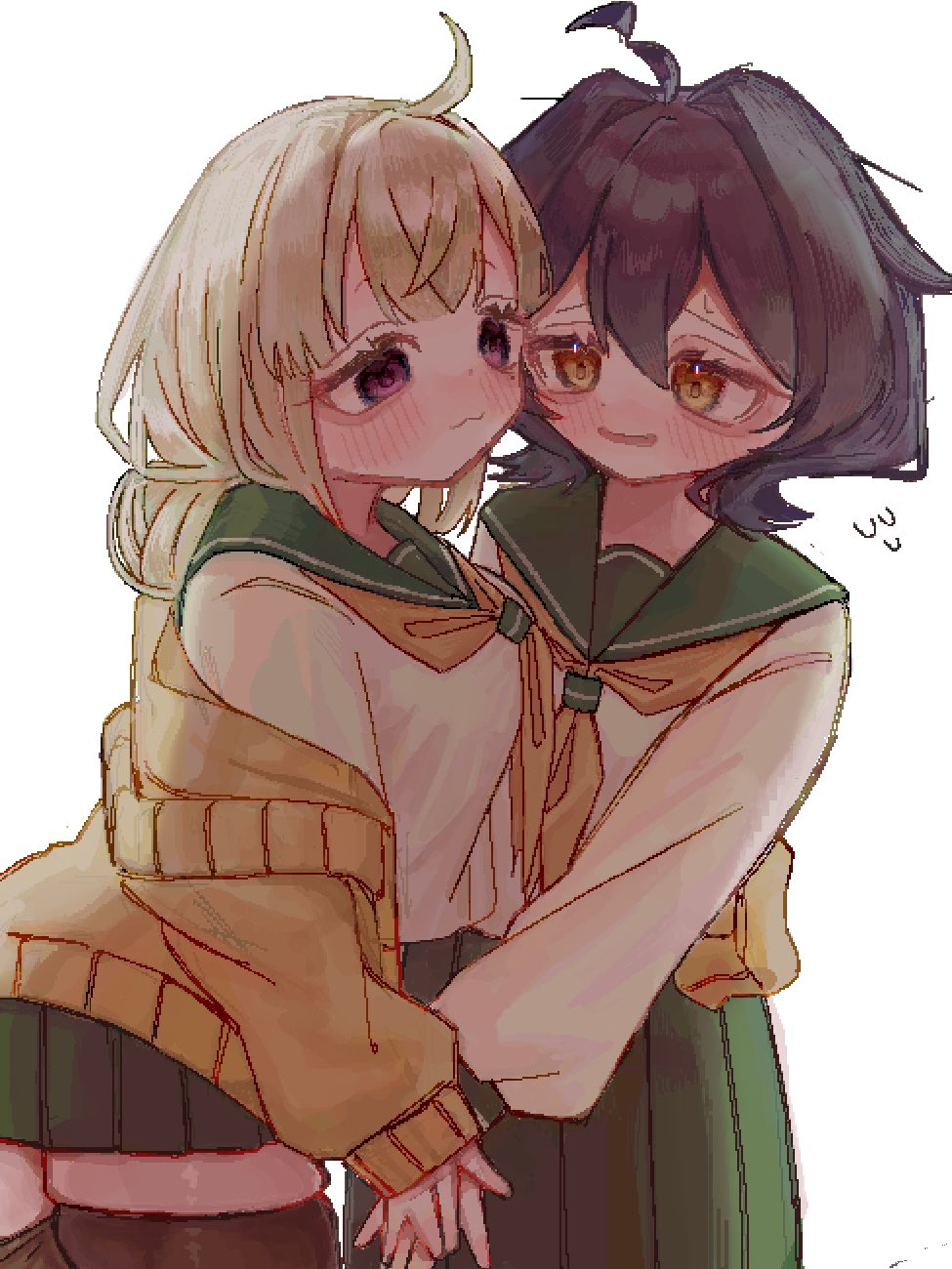 2girls, ahoge, araga_kiwi, blonde_hair, blush, brown_thighhighs, cardigan, cj6f2lx08scrrc9