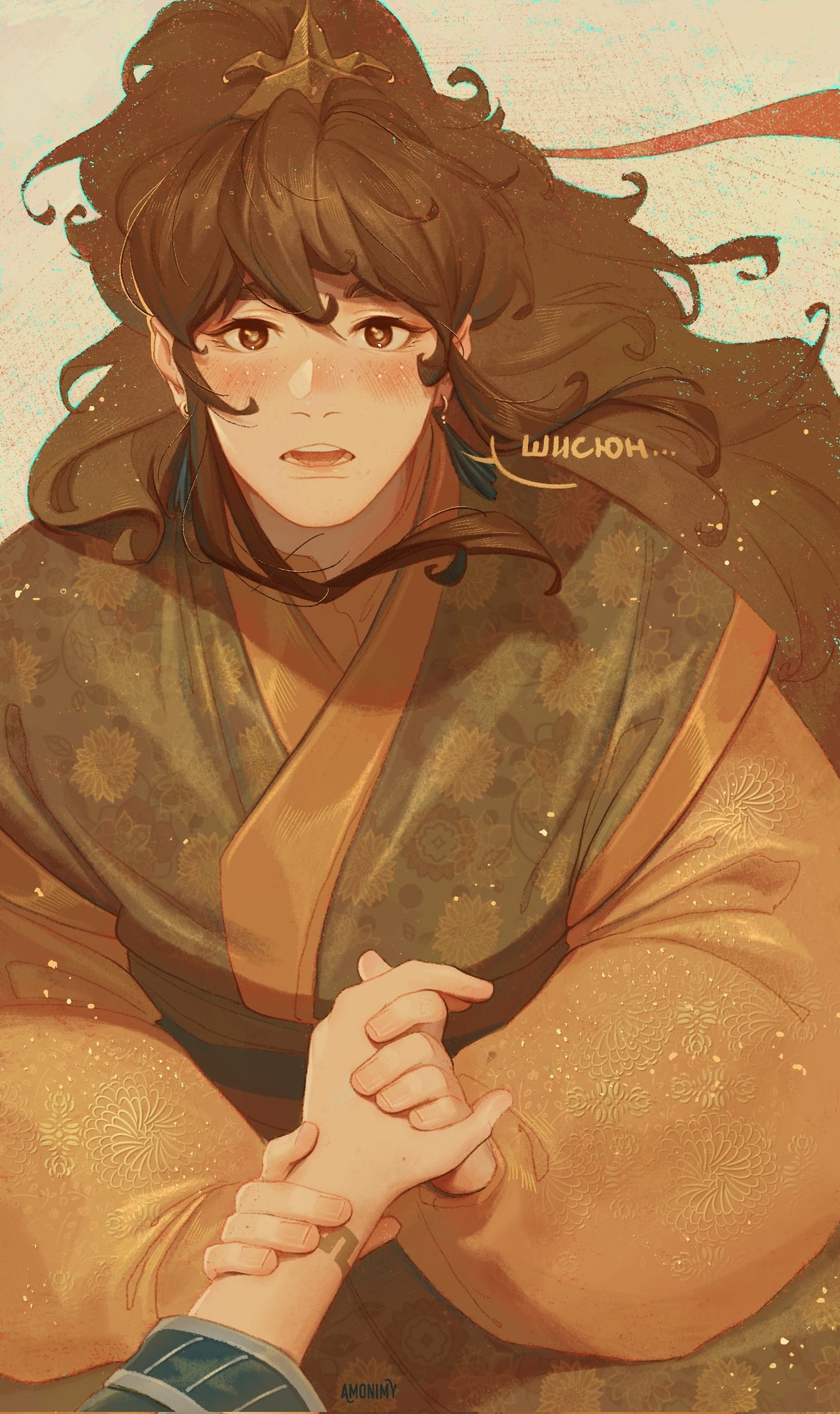2boys, amonimy, aqua_outline, blush, brown_background, brown_eyes, brown_hair, brown_hanfu