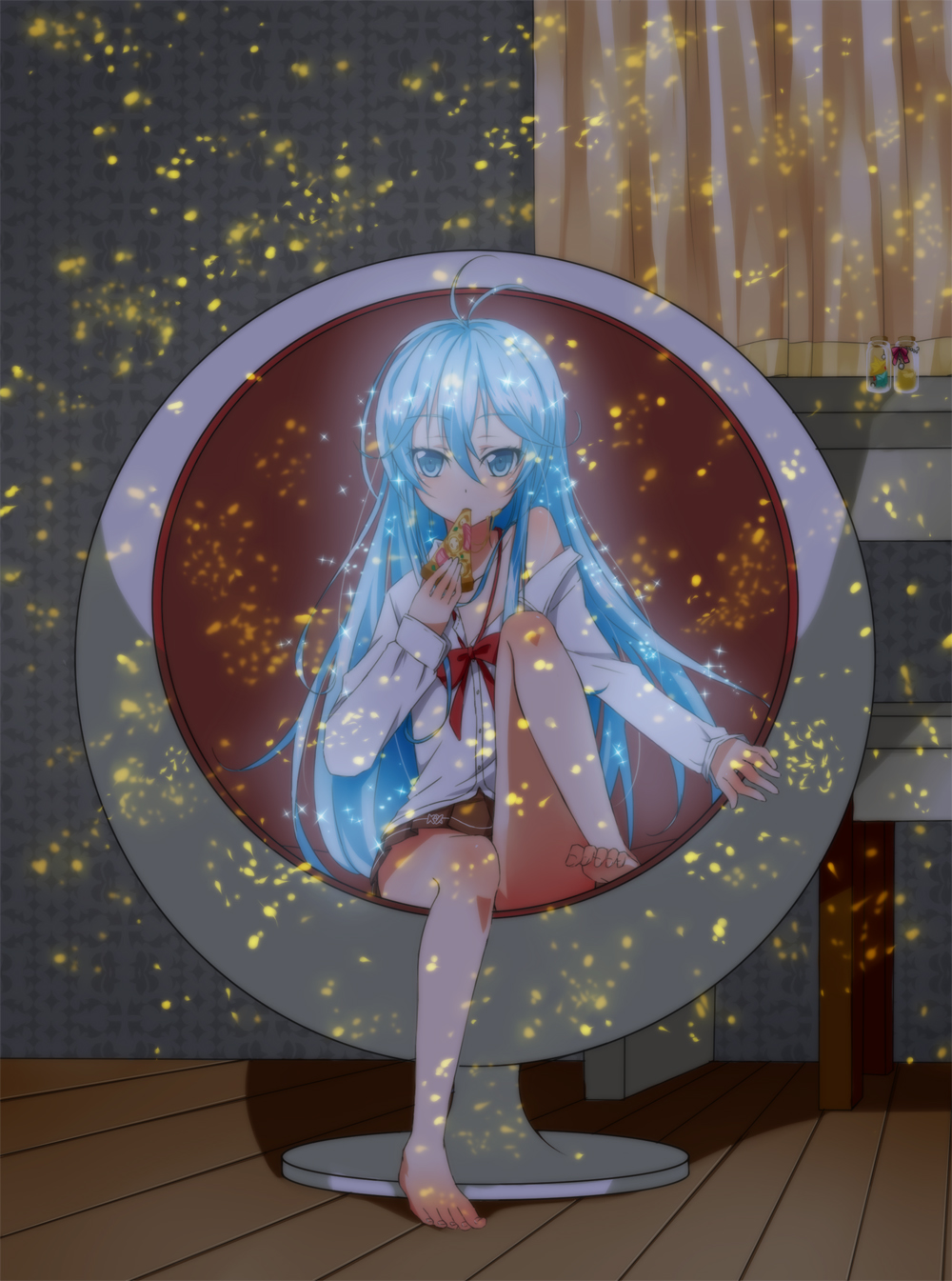 antenna_hair, bad_id, bare_legs, bare_shoulders, barefoot, blue_eyes, blue_hair, blush