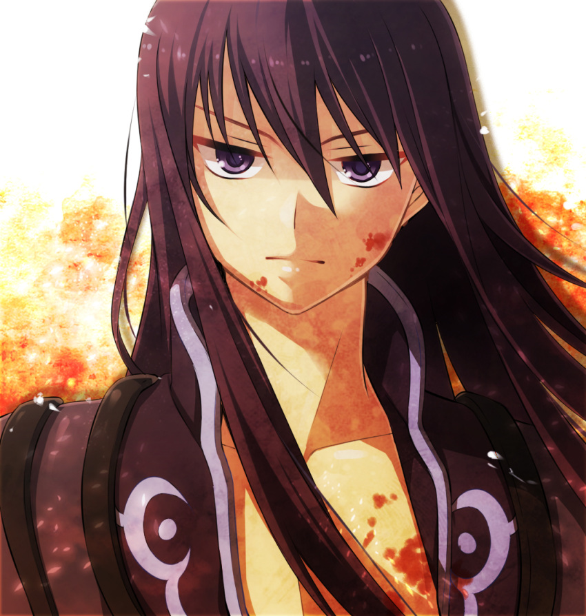 ayamisiro, black_hair, blood, face, frown, long_hair, male, purple_eyes, serious, solo, tales_of_(series), tales_of_vesperia, violet_eyes, yuri_lowell