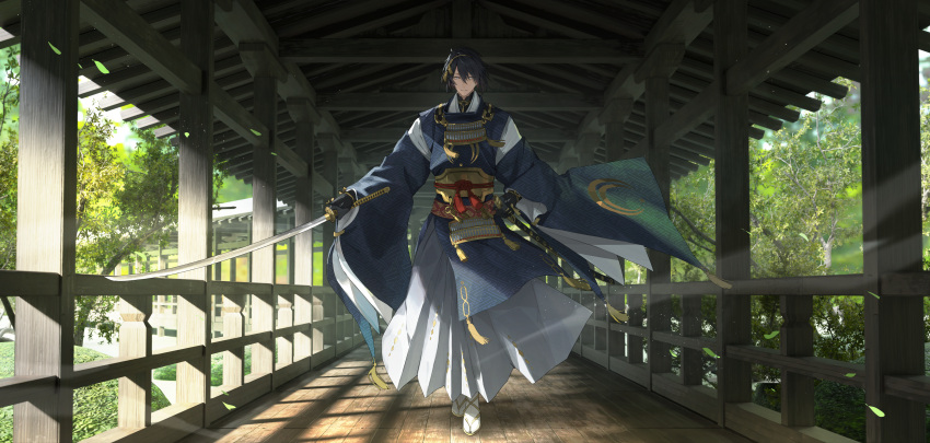 1boy, absurdres, armor, black_gloves, blue_hair, blue_kimono, closed_mouth, falling_leaves
