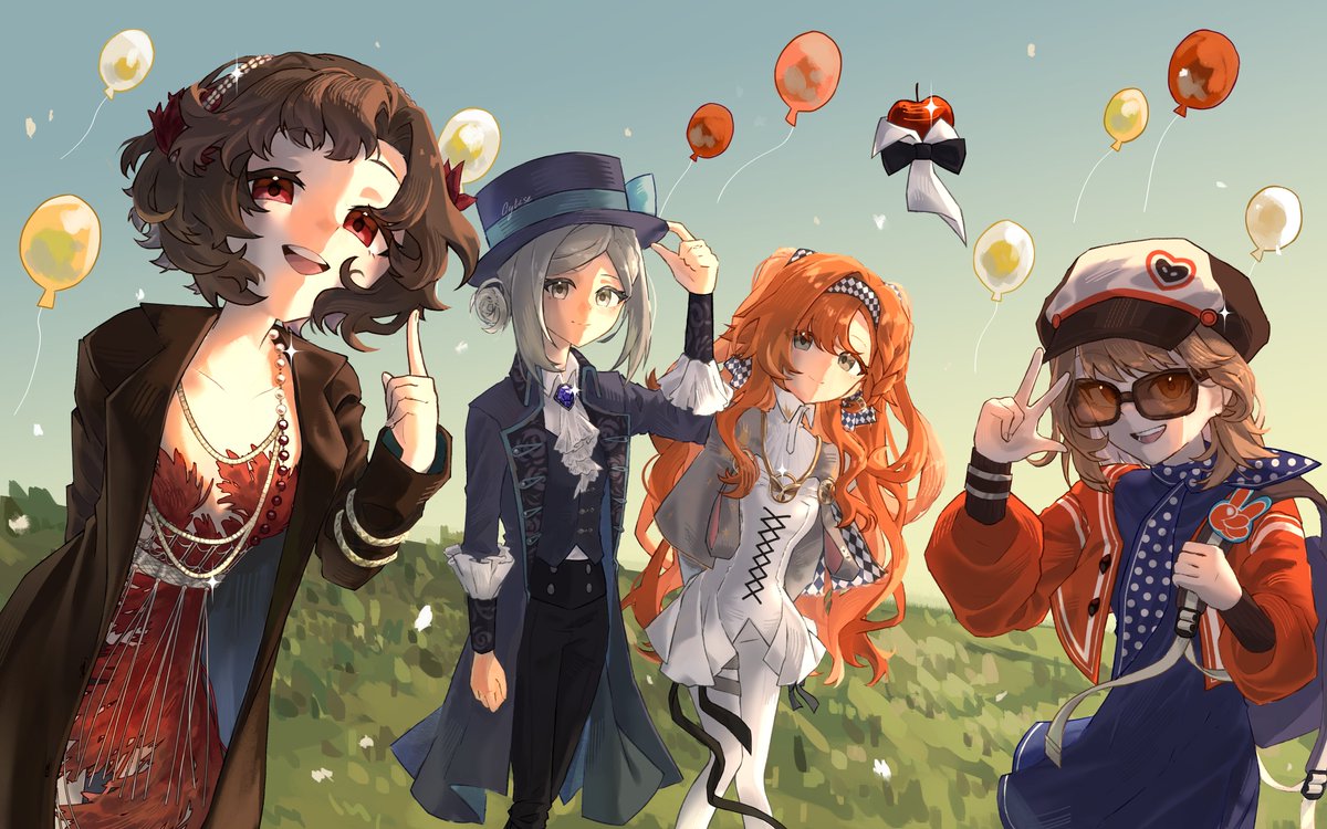4girls, :d, apple, apple_(reverse:1999), ascot, backpack, bag, black_bow, black_bowtie, black_coat, black_hair, black_pants, black_vest, blue_bow, blue_dress, blue_neckerchief, blue_sky, boater_hat, bow, bowtie, brown_hair, checkered_hairband, coat, collared_dress, collared_shirt, cytise, dress, feather_dress, feather_hair_ornament, feathers, feet_out_of_frame, food, fruit, grass, grey_eyes, grey_hair, hair_bun, hair_ornament, hairband, hand_on_headwear, hand_up, hat, hat_bow, high_collar, holding_strap, index_finger_raised, jacket, jewelry, long_hair, looking_at_viewer, multiple_girls, neckerchief, necklace, newsboy_cap, open_clothes, open_coat, open_mouth, outdoors, pants, pants_under_dress, polka_dot_neckerchief, red_dress, red_eyes, red_feathers, red_jacket, regulus_(reverse:1999), reverse:1999, schneider_(reverse:1999), shirt, short_dress, short_hair, single_side_bun, sky, smile, sonetto_(reverse:1999), sunglasses, too_many_balloons, traditional_bowtie, two_side_up, upper_body, vertin_(reverse:1999), vest, w, waistcoat, white_ascot, white_hairband, white_pants, white_shirt