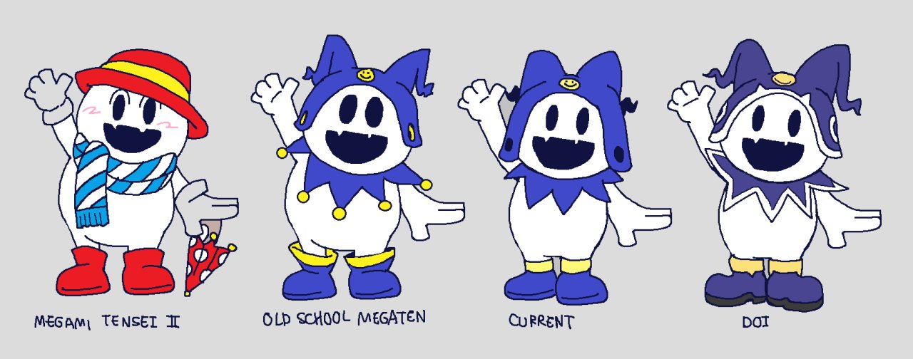 blue_scarf, commentary, demon_(megami_tensei), duckpasta_flo, english_commentary, evolution, fangs, gloves