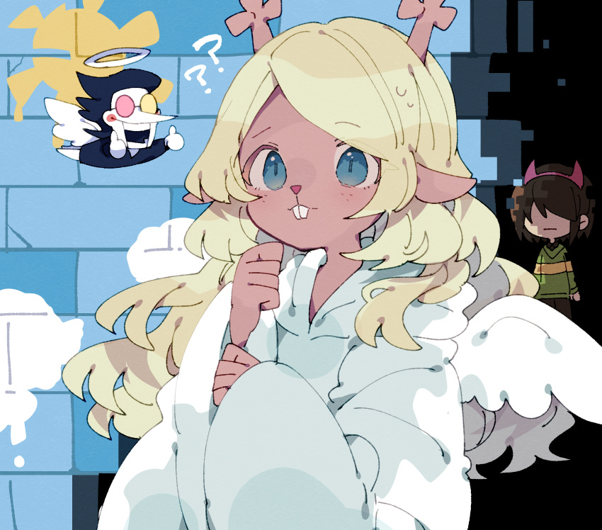 1boy, 1girl, 1other, 2525nicc, ?, ??, angel_wings, antlers, blonde_hair, blue_eyes, brick, buck_teeth, colored_skin, commentary_request, deer_antlers, deer_girl, deltarune, fake_horns, furry, furry_female, green_shirt, hairband, halo, heterochromatic_eyewear, highres, hooded_robe, horn_hairband, horns, kris_(deltarune), long_hair, noelle_holiday, noelle_holiday_(dark_world), open_mouth, pink-tinted_eyewear, red_horns, robe, round_eyewear, shirt, short_hair, single_horizontal_stripe, smile, spamton_g._spamton, striped_clothes, striped_shirt, teeth, thumbs_up, tinted_eyewear, utdr_(toby_fox), white_robe, white_skin, white_wings, wings, yellow-tinted_eyewear