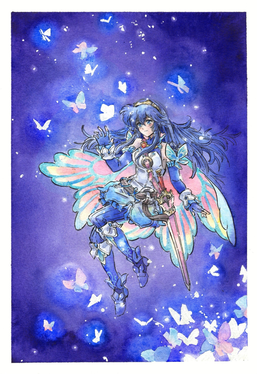 1girl, armpits, belt, blue_hair, border, breasts, bug, butterfly