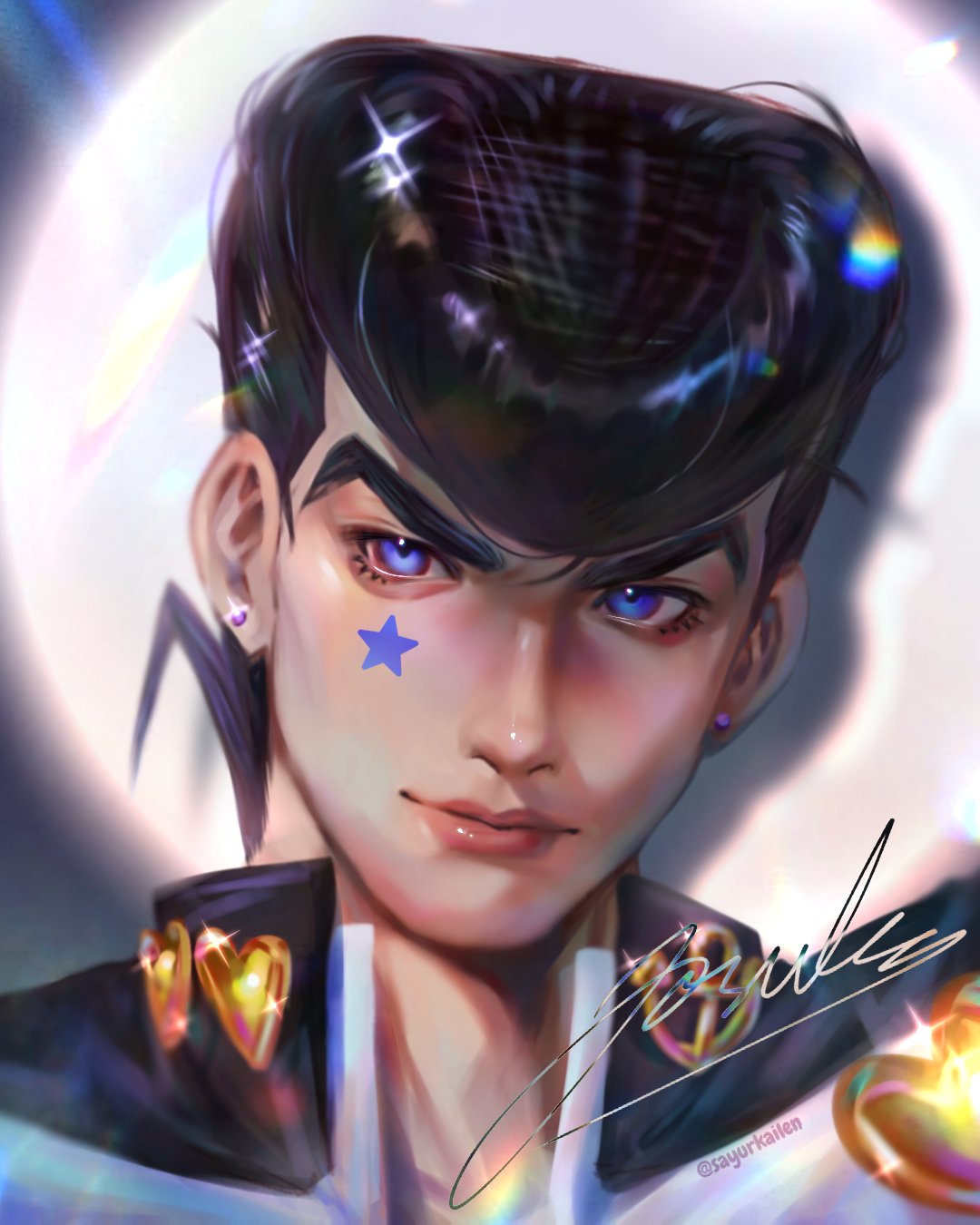 1boy, black_hair, blue_eyes, character_name, commentary, cursive, diamond_wa_kudakenai, earrings