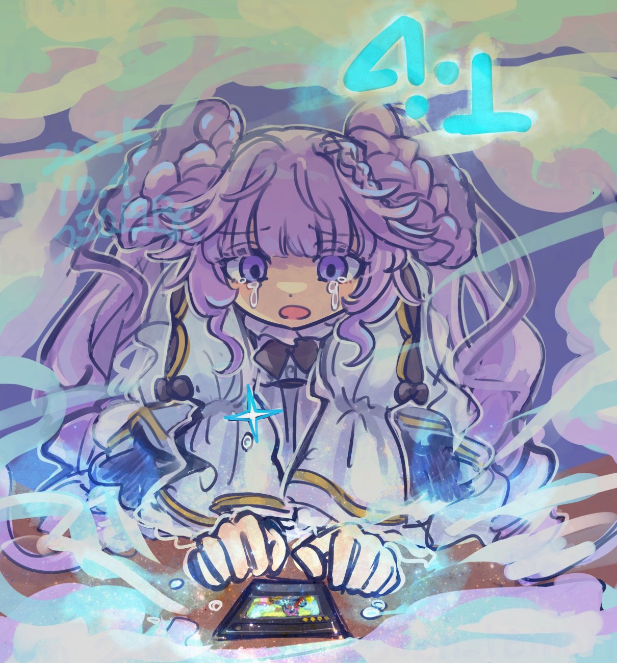 1girl, 250en_remon, crying, dated, donut_hair_bun, double_bun, dress, drill_hair
