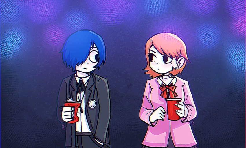 1boy, 1girl, black_hair, black_jacket, black_pants, black_ribbon, blue_hair, bow
