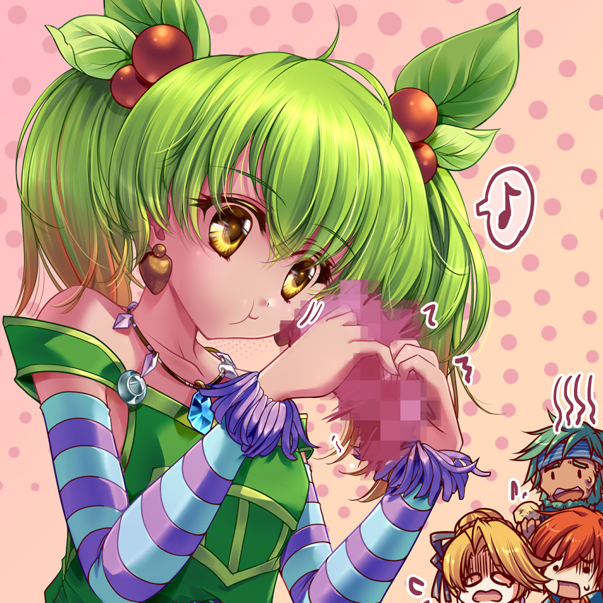 2boys, 2girls, adol_christin, bad_food, blonde_hair, blue_hair, censored, eating