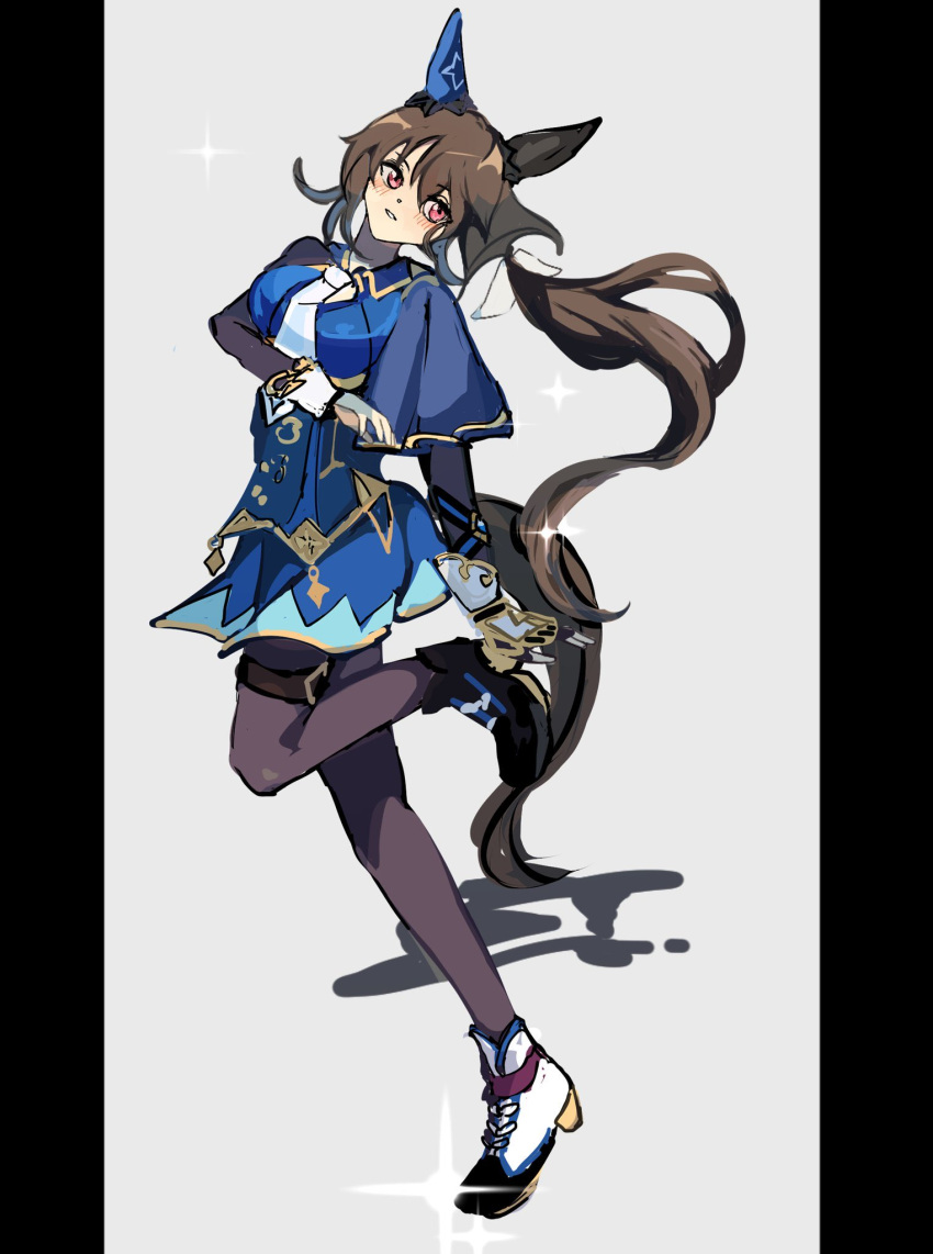 1girl, admire_vega_(starry_nocturne)_(umamusume), admire_vega_(umamusume), animal_ears, black_pantyhose, blue_dress, blush, breasts, brown_hair, dress, ear_covers, ear_ornament, gloves, hair_between_eyes, highres, hissinikaiteru, horse_ears, horse_girl, horse_tail, long_hair, long_sleeves, looking_at_viewer, low_ponytail, necktie, pantyhose, parted_lips, ponytail, shoes, simple_background, single_ear_cover, smile, solo, star_(symbol), tail, thigh_strap, umamusume, violet_eyes, white_necktie