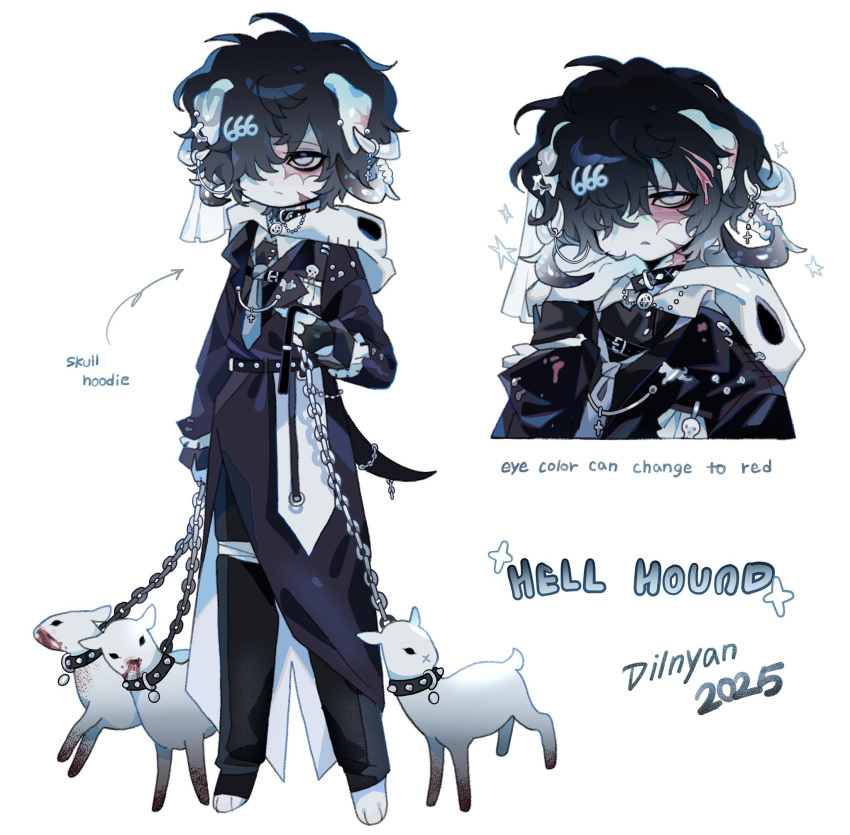 1boy, adoptable, animal, animal_ears, black_coat, black_hair, chain, chain_leash