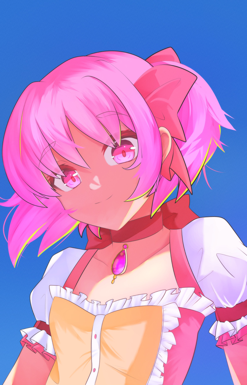 absurdres, blue_background, bow, bow_choker, choker, dress, gem, hair_ribbon