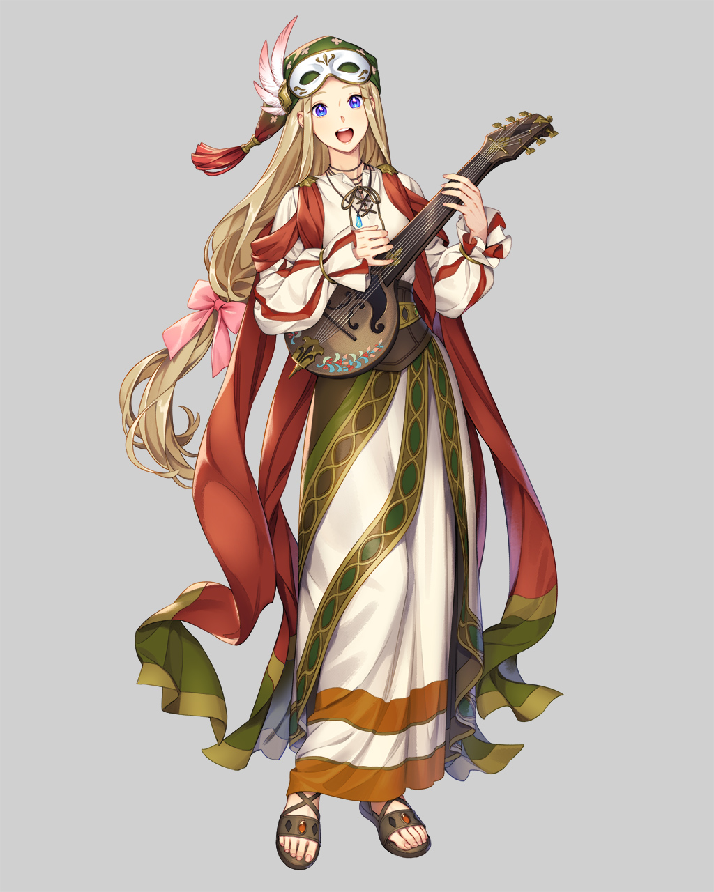 1girl, :d, aqua_gemstone, artist_request, asgard, bard_(asgard), belt, black_mouth